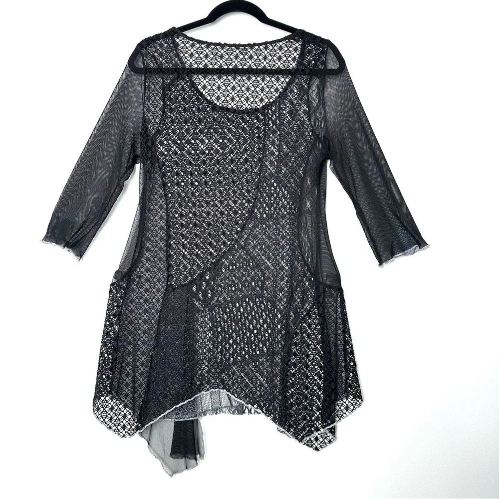 Boho Y2K Black Sheer Crochet Patchwork Whimsigoth Asymmetrical Mixed Media Tunic - Picture 7 of 9